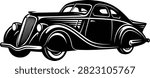 A high-quality black and white vector illustration of a classic vintage retro antique car. Featuring detailed linework and a sleek coupe style, this monochrome automobile artwork is isolated on a clean white background. Perfect for automotive logos, retro posters, t-shirt prints, transport app designs, and vintage themed graphics.