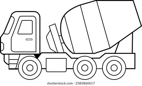 High-quality black and white vector illustration of a concrete mixer truck. Ideal for construction themes, heavy machinery graphics, coloring books, transport illustrations, and engineering projects