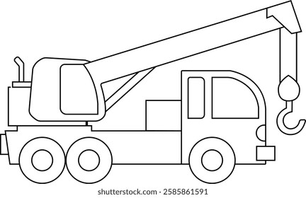 High-quality black and white vector illustration of a crane truck. Perfect for construction projects, engineering visuals, industrial designs, transportation graphics, and coloring book pages