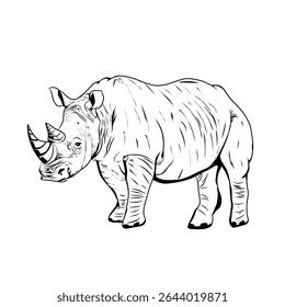 High-quality black and white vector illustration of a rhinoceros, hand-drawn with fine lines and detailed texture making it perfect for use in educational materials