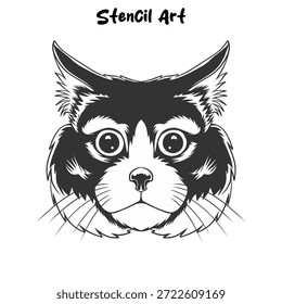 Ilustração vetorial em preto e branco de alta qualidade do rosto de um gato em um estilo arrojado de arte estêncil. Com expressivos olhos grandes e padrões de pele detalhados, este retrato felino minimalista é perfeito para design de logotipo, impressões de t-shirt, corte de vinil, tatuagens ou projetos criativos DIY. As linhas limpas garantem fácil dimensionamento e edição.
