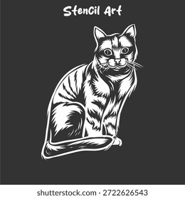 Eine hochwertige schwarz-weiße Vektorgrafik eines neugierigen Katzengesichts, aufgenommen aus einer einzigartigen Perspektive des niedrigen Winkels. Diese ausdrucksstarke Schablonenkunst verfügt über große runde Augen und lange Whisker, was sie perfekt für humorvolle T-Shirt-Designs, Aufkleber und Markenaufkleber mit Tiermotiven macht.
