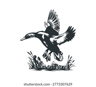 A high-quality black and white vector illustration of a mallard duck descending over wetlands. This detailed silhouette features a duck in mid-flight with wings spread, set against a backdrop of marsh reeds and grass. Ideal for hunting club logos, waterfowl conservation graphics, outdoor apparel, and wildlife-themed decor.