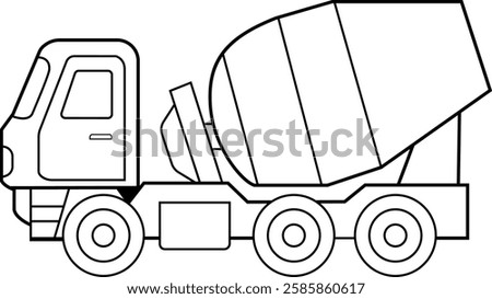High-quality black and white vector illustration of a concrete mixer truck. Ideal for construction themes, heavy machinery graphics, coloring books, transport illustrations, and engineering projects