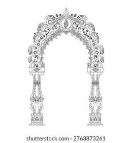 High-quality black and white vector of an ornate Indian archway featuring complex traditional patterns and pillars. Ideal for cultural events, wedding decor, and architectural graphics.