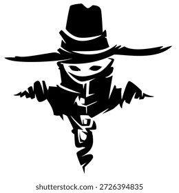 Silhueta de vetor preto e branco de alta qualidade de um cowboy misterioso com um chapéu, apontando para a frente, perfeito para logotipos, cartazes e projetos com tema ocidental