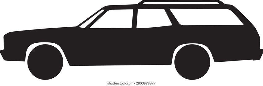 High-quality black and white vector silhouette of a classic 1970s vintage station wagon car from the side profile view. This minimalist retro family automobile graphic icon features the iconic long body shape, clean roof rack lines, and nostalgic mid-century contours. It is perfectly designed for family road trip branding, retro car show logos, nostalgic lifestyle designs, custom vinyl decals, t-shirt prints, and creative commercial stock illustrations. The entire artwork is isolated on a pure white background for seamless editing.