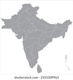 High-quality blank vector map of the Indian subcontinent. Ideal for educational, cartographic, and design projects, featuring India, Pakistan, Bangladesh, Nepal, Bhutan, and Sri Lanka