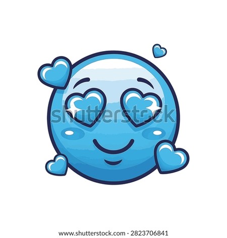 A high-quality blue emoticon character featuring sparkling heart-shaped eyes and a gentle smile, surrounded by four small floating hearts, isolated on a clean white background.