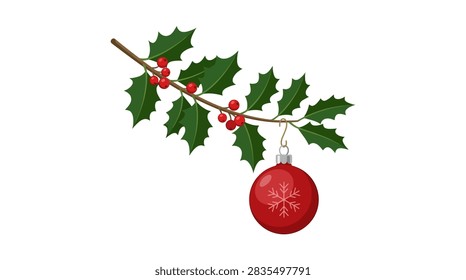 A high-quality botanical vector illustration featuring a single branch of green holly leaves characterized by their sharp, spiky edges and classic holiday aesthetic. The branch includes clusters of small red berries, representing the traditional Ilex aquifolium plant. This clean vector graphic is designed for seasonal Christmas decorations, greeting cards, winter-themed patterns, and festive invitations. Isolated on a white background for versatile graphic design use.