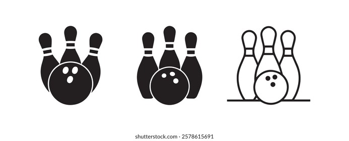 High-quality bowling ball and pins vector icon set ideal for sports branding gaming illustrations and recreational designs available in solid and outline styles.