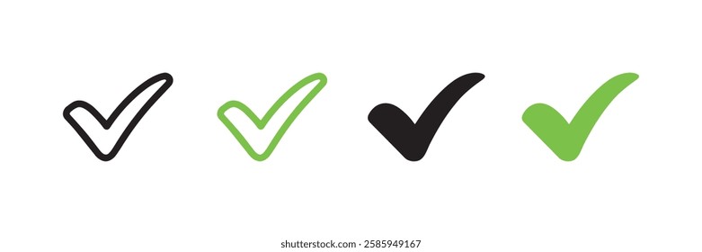 High-quality check mark vector set in black and green with outline and solid styles perfect for icons symbols confirmation approval and validation in digital and print designs