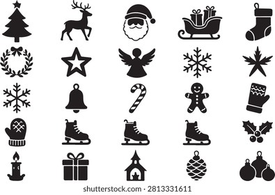 High-quality Christmas holiday silhouette bundle including festive winter icons such as Santa, sleigh, reindeer, Christmas tree, snowman, ornaments, stockings, wreath, gingerbread, gift boxes, candles, and stars. Crisp vector-style black silhouettes isolated on a white background, ideal for craft projects,  vinyl decals, scrapbooking, home decor, apparel, posters, and commercial design use.