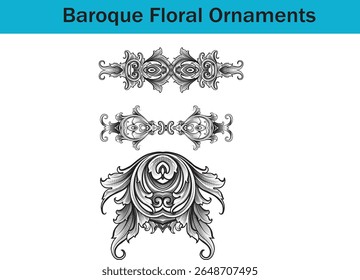 A high-quality, clean, and modern vector graphic representing Vintage Baroque Floral Ornaments – Intricate Black and White Vector Design. Ideal for various design projects, web, and print.