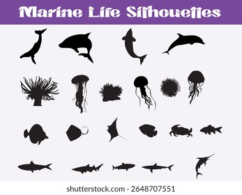 A high-quality, clean, and modern vector graphic representing Marine Life Silhouettes – Ocean Creatures Vector Set. Ideal for various design projects, web, and print.
