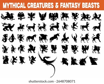 A high-quality, clean, and modern vector graphic representing Mythical Creatures Fantasy Beasts – Silhouette Vector Set. Ideal for various design projects, web, and print.