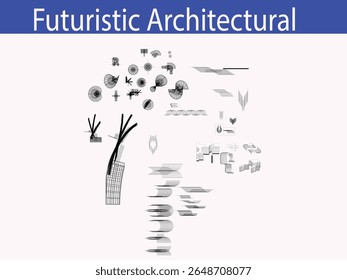 A high-quality, clean, and modern vector graphic representing Futuristic Architectural Forms – Conceptual 3D Design Elements and Structures. Ideal for various design projects, web, and print.