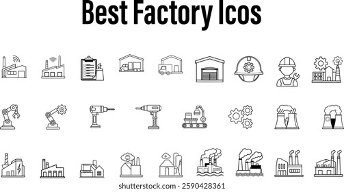 A high-quality, clean outline factory icon set featuring industrial buildings, machinery, automation, and essential factory elements. Ideal for representing manufacturing, production, logistics, and i