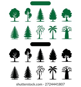 Uma coleção de alta qualidade de 20 silhuetas de árvores projetadas para versatilidade e clareza em gráficos paisagísticos e ambientais.