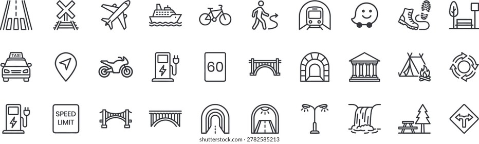 A high-quality collection of 30 thin line icons representing public transportation, travel navigation, road infrastructure, and outdoor activities. This vector graphics set includes outline symbols for an airplane, ship, taxi, motorcycle, bicycle, pedestrian path, train tunnel, bridge, EV charging station, speed limit signs, waterfall, camping tent, and landmark architecture. Perfect for navigation apps, travel blogs, city guide websites, and tourism marketing materials.