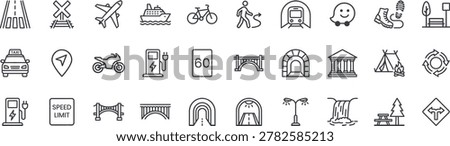 A high-quality collection of 30 thin line icons representing public transportation, travel navigation, road infrastructure, and outdoor activities. This vector graphics set includes outline symbols for an airplane, ship, taxi, motorcycle, bicycle, pedestrian path, train tunnel, bridge, EV charging station, speed limit signs, waterfall, camping tent, and landmark architecture. Perfect for navigation apps, travel blogs, city guide websites, and tourism marketing materials.