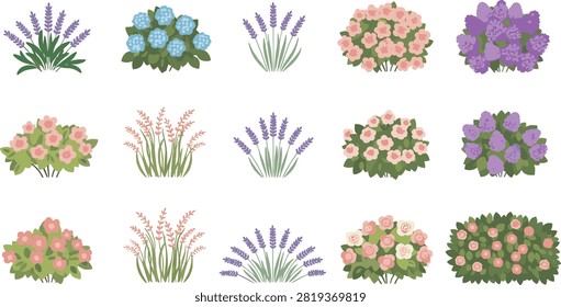 A high-quality collection of flat vector flowering shrubs featuring lavender, hydrangea, rose bushes, and ornamental garden plants isolated on a clean background. Perfect for landscape design, gardening projects, architectural illustrations, websites, mobile apps, and commercial creative use.
