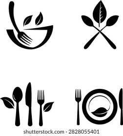 A high-quality collection of four minimalist vector logos for healthy catering and organic restaurants in clean black silhouette style, featuring a crossed spoon and fork with leaves, a salad bowl, and plate dinnerware settings with leaf shapes on a white background.