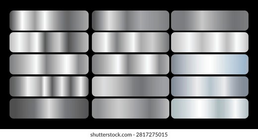 High-quality collection of metallic silver and chrome gradient swatches in rounded rectangle shapes. Includes various realistic silver, steel, pewter, and platinum color transitions with glossy reflections, perfect for web UI buttons, mobile app interfaces, digital badges, and promotional banners.