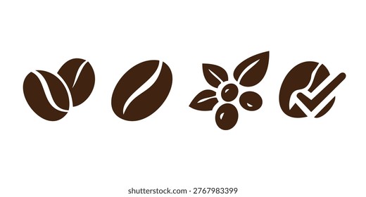 A high-quality collection of minimalist coffee bean icons and coffee cherry illustrations. This set features four distinct designs: a pair of roasted beans, a single bean, a coffee branch with leaves and cherries, and a quality-check bean symbol. Perfect for cafe branding, coffee packaging, menu design, web icons, and organic product labeling. Simple, bold, and easily scalable vector-style graphics.