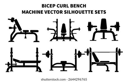Coleção de alta qualidade de ícones de vetor de silhueta com bancos de ondulações de bíceps, bancos de treino e máquinas de treinamento de força. Perfeito para ilustrações com temas de fitness, infográficos de ginástica, marca 