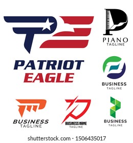 A high-quality collection of six professional letter P logo designs. This versatile set features a patriotic eagle wing with star elements, a clever piano keyboard monogram, a dynamic falcon silhouette, and several minimalist geometric icons. Ideal for aviation, music schools, security firms, legal offices, and modern tech startups looking for a unique brand identity.