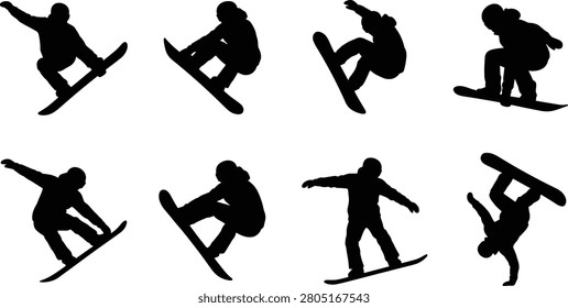 A high-quality collection of snowboarder silhouette illustrations featuring freestyle jumps, grabs, spins, handplants, and carving poses. Perfect for winter sports branding, ski resorts, snowboarding events, apparel, posters, coaching materials, and adventure-themed vector designs.