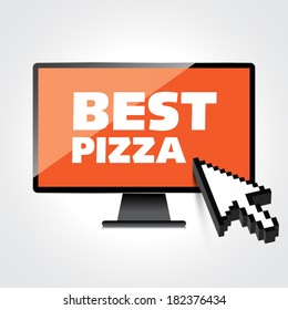 High-quality computer display, monitor screen with the label Best Pizza. Special offer. Marketing concept.