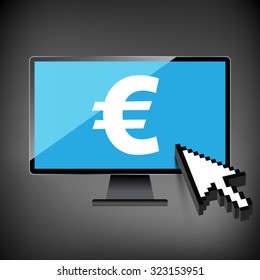 High-quality computer display, monitor screen with the Euro sign. Economy concept.