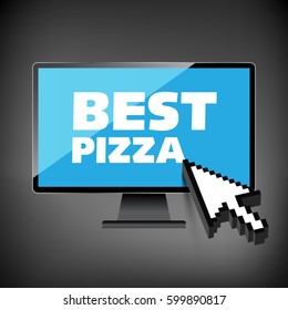High-quality computer display, monitor screen with the label Best Pizza. Special offer. Marketing concept.
