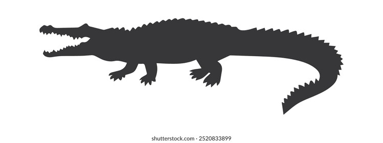 High-quality crocodile silhouette vector featuring a fierce reptile with an open jaw and sharp teeth. Ideal for logos, wildlife designs, and educational materials.