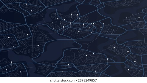 High-quality, customizable, abstract map background. Transportation and roads. Digital art. Editable vector illustration. Abstract lines geometric shapes, cartographic texture. Navigation pin.