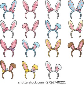 Conjunto de Ilustración vectorial linda de alta calidad con múltiples diademas de orejas de conejo en diferentes colores, patrones y estilos decorativos. Esta divertida colección de accesorios de oreja de conejo de dibujos animados es perfecta para diseños de Pascua, ilustraciones para niños, invitaciones de fiesta, accesorios de cabina de fotos, pegatinas, impresiones de ropa, tarjetas de felicitación, gráficos de redes sociales, libros para niños y proyectos de marca festivos. Los contornos limpios, los tonos pastel y el estilo de dibujos animados planos garantizan una alta usabilidad comercial. Elementos de Vector totalmente editables, aislados sobre fondo blanco, ideales para impresión y uso digital.