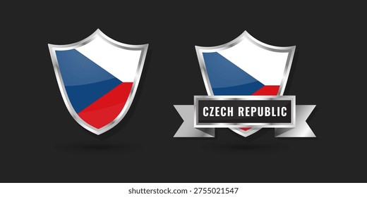 High-quality Czechia and Bohemia flag shield icons with a shiny silver border and ribbon.[1] Ideal for representing the Czech Republic in international events, sports, and tourism graphics.