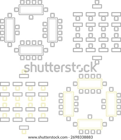 High-quality Design for seat plan, theater, restaurant, seminar, school, conference, wedding, reception, banquet top view, Chair and table, architectural plan with blueprint, customizable stroke