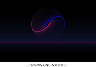 A high-quality digital abstract illustration featuring a spherical formation composed of intricate, flowing wireframe lines. The design utilizes a vibrant synthwave-inspired gradient of neon pink and electric blue, set against a minimalist dark horizon. This futuristic, mathematical aesthetic represents concepts of data flow, artificial intelligence, quantum physics, and modern technology.