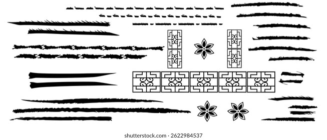 A high-quality digital drawing of bold black ink strokes, featuring zigzags, parallel lines, curves, geometric shapes, and decorative borders in a clean, minimalist, and professional style.