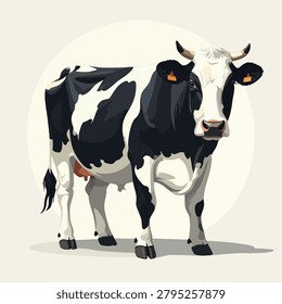 A high-quality digital illustration featuring a dairy cow with distinctive black and white markings, standing in a classic pose, showcasing detailed features and farm animal anatomy.