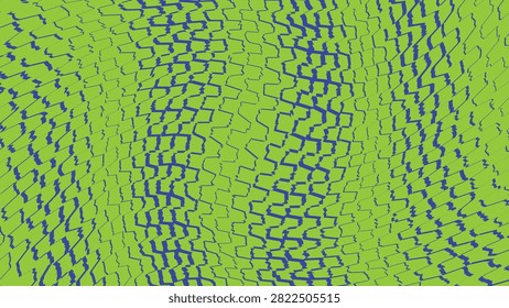 A high-quality digital illustration featuring a vibrant green background overlaid with a complex repeating pattern of distorted wavy blue lines that create a dynamic sense of motion and optical depth.