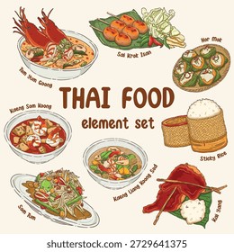 Um conjunto de ilustrações digitais de alta qualidade com vários pratos tailandeses icônicos, essenciais para temas culinários do Sudeste Asiático. Esta coleção inclui Tom Yum Goong (sopa de camarão picante), Som Tum (salada de mamão), Sai Krok Isan (salsicha Isan), Hor Mok (mousse de curry cozida no vapor), Kai Yang (frango grelhado), Kaeng Som Koong (curry de camarão azedo), Kaeng Liang Koong Sod (sopa de legumes picante) e Arroz pegajoso em uma cesta de bambu. Renderizados em uma estética kawaii encantadora desenhada à mão, esses gráficos são perfeitos para menus de restaurantes, blogs de culinária, sites de culinária, adesivos culturais e marketing de viagens.