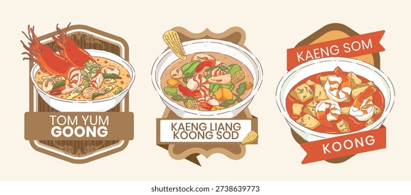 A high-quality digital illustration set featuring three iconic Thai shrimp (Prawn) soups. The collection includes Tom Yum Goong (Spicy Lemongrass Soup), Kaeng Liang Koong Sod (Thai Vegetable Soup with Fresh Shrimp), and Kaeng Som Koong (Thai Sour Spicy Curry). Each dish is rendered in a vibrant, hand-drawn aesthetic with detailed ingredients like mushrooms, herbs, corn, and large river prawns. Presented as professional food labels with decorative banners, these graphics are perfect for restaurant menus, Thai cuisine branding, cookbook illustrations, and food packaging.