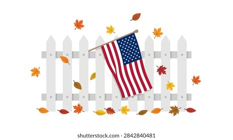 A high-quality digital vector illustration showing a traditional white picket fence with the United States flag attached. The scene is set against a white background with scattered autumn maple leaves falling around the structure, ideal for patriotic and seasonal fall designs.