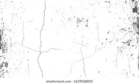 High-quality distressed grunge background vector. Black crack and dust particles design. Urban overlay texture on a white backdrop.