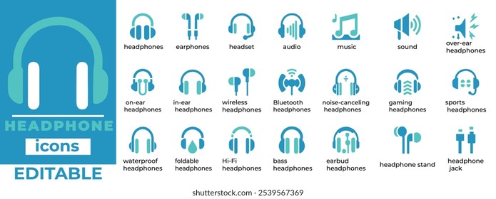 High-quality, editable headphone icon vector set featuring earphones, Bluetooth, noise-canceling, gaming, and Hi-Fi options. Ideal for audio projects!