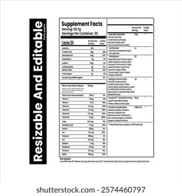 High-quality editable supplement facts label template for food and nutrition packaging. Resizable design ensures compliance and professional presentation for any product.